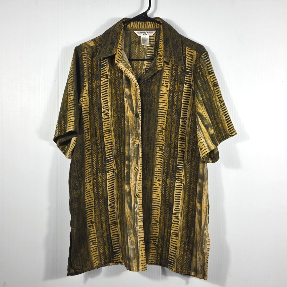 Vintage Beverly Rose USA Women Large Olive Green Gold Patterned Button Up Blouse - Picture 2 of 7